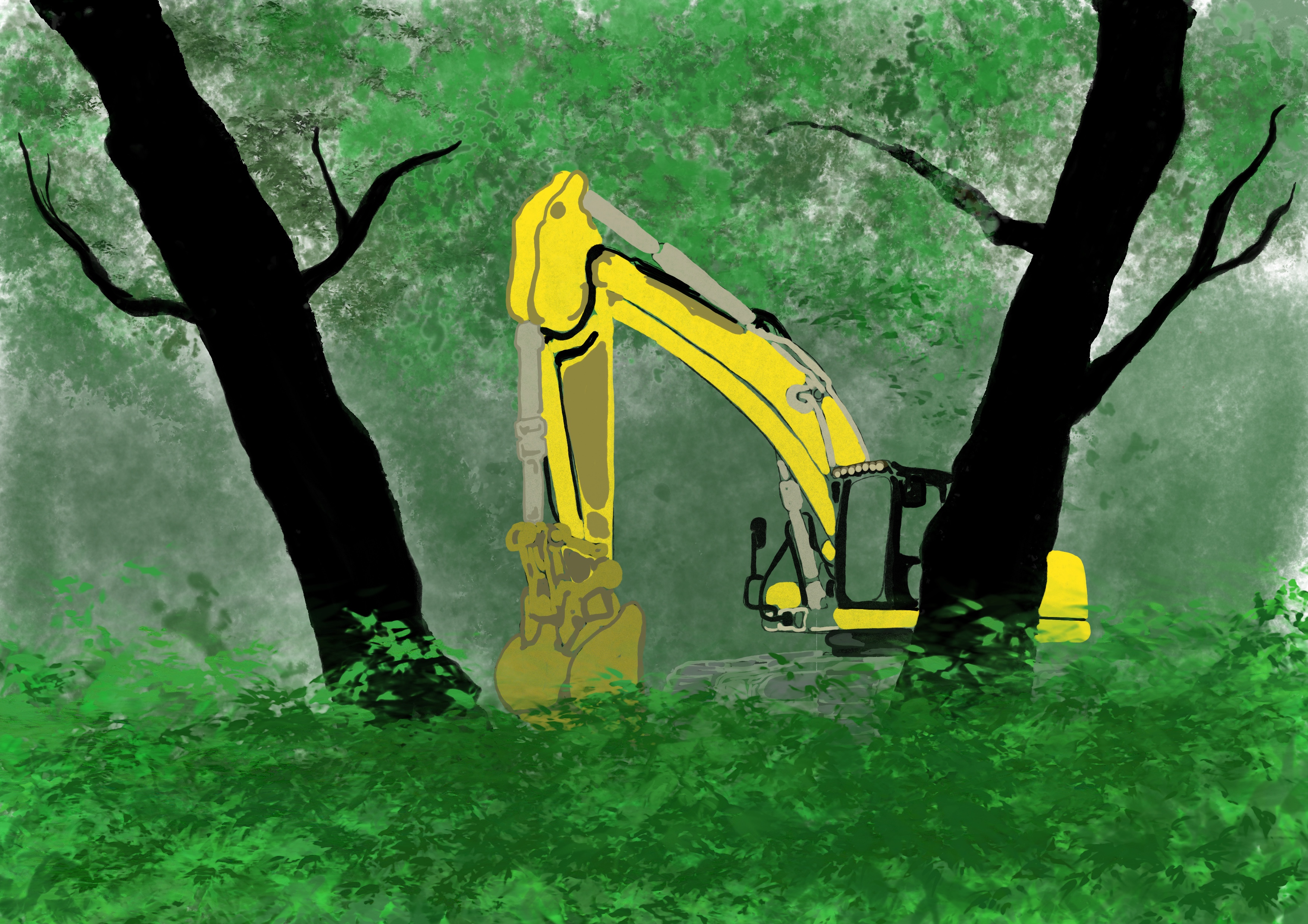 excavator in a forest